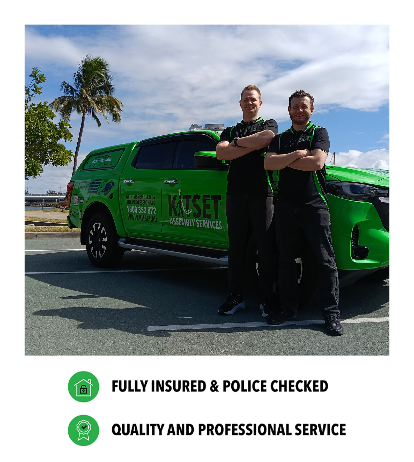 ALL_MKT_FZE_WebImageJaryd&Shane2_20260423_v01 Jaryd & Shane standing next to a bright green truck with their arms folded with palm trees and a river in the background.