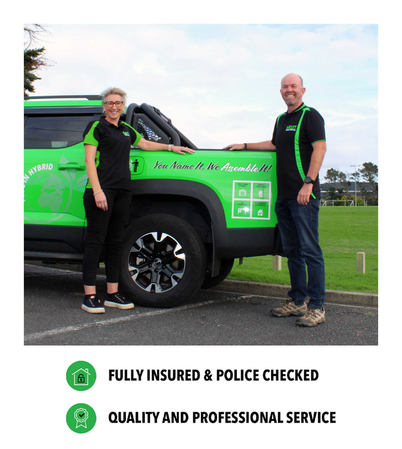NZ_MKT_FZE_Christ&DaleWebImage2_20260625_v01 Chris and Dale standing infront of a bright green ute with a field in the background