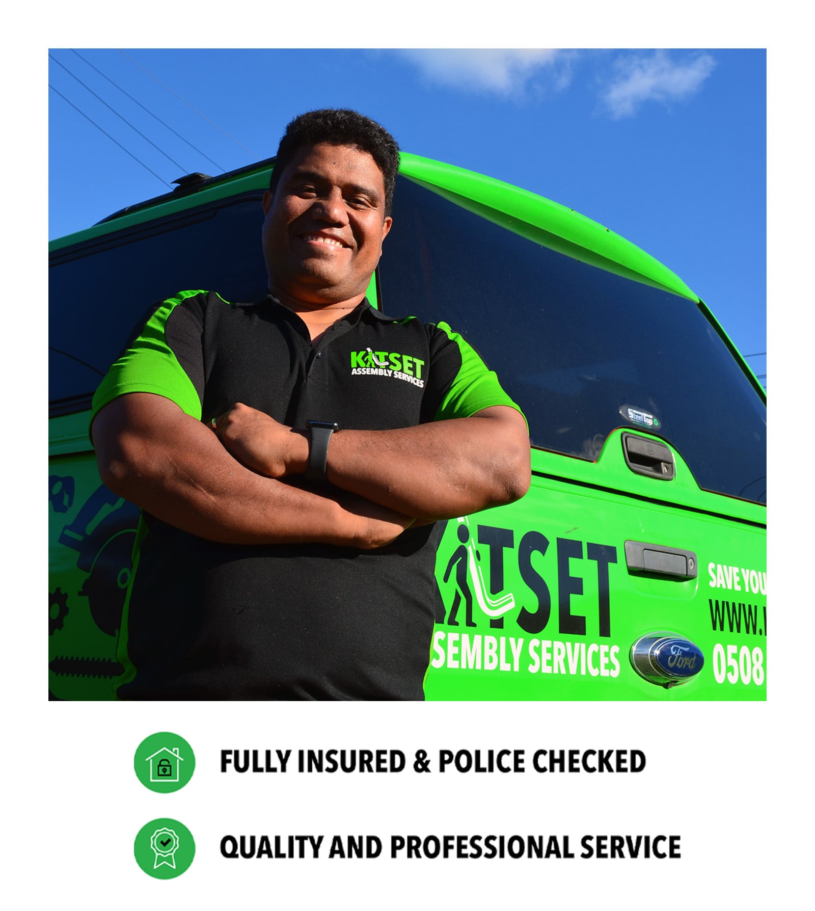 NZ_MKT_FZE_BoWebsiteProfileImage2_20260724_v01 Bo standing against a green vehicle with a blue sky background.