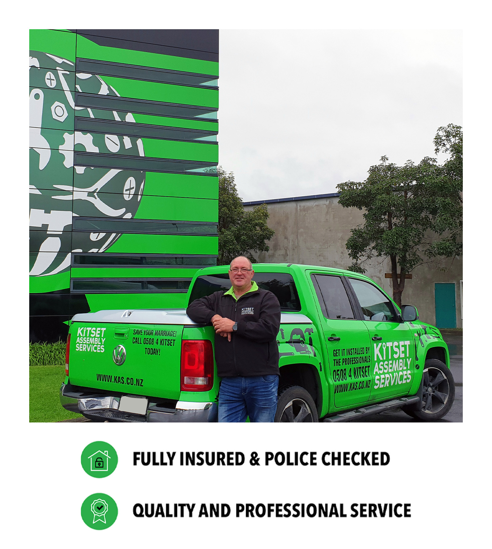 NZ_MKT_FZE_BuksWebsiteProfileImage2_20260724_v01 Buks standing infront of a green truck with a green building in the background