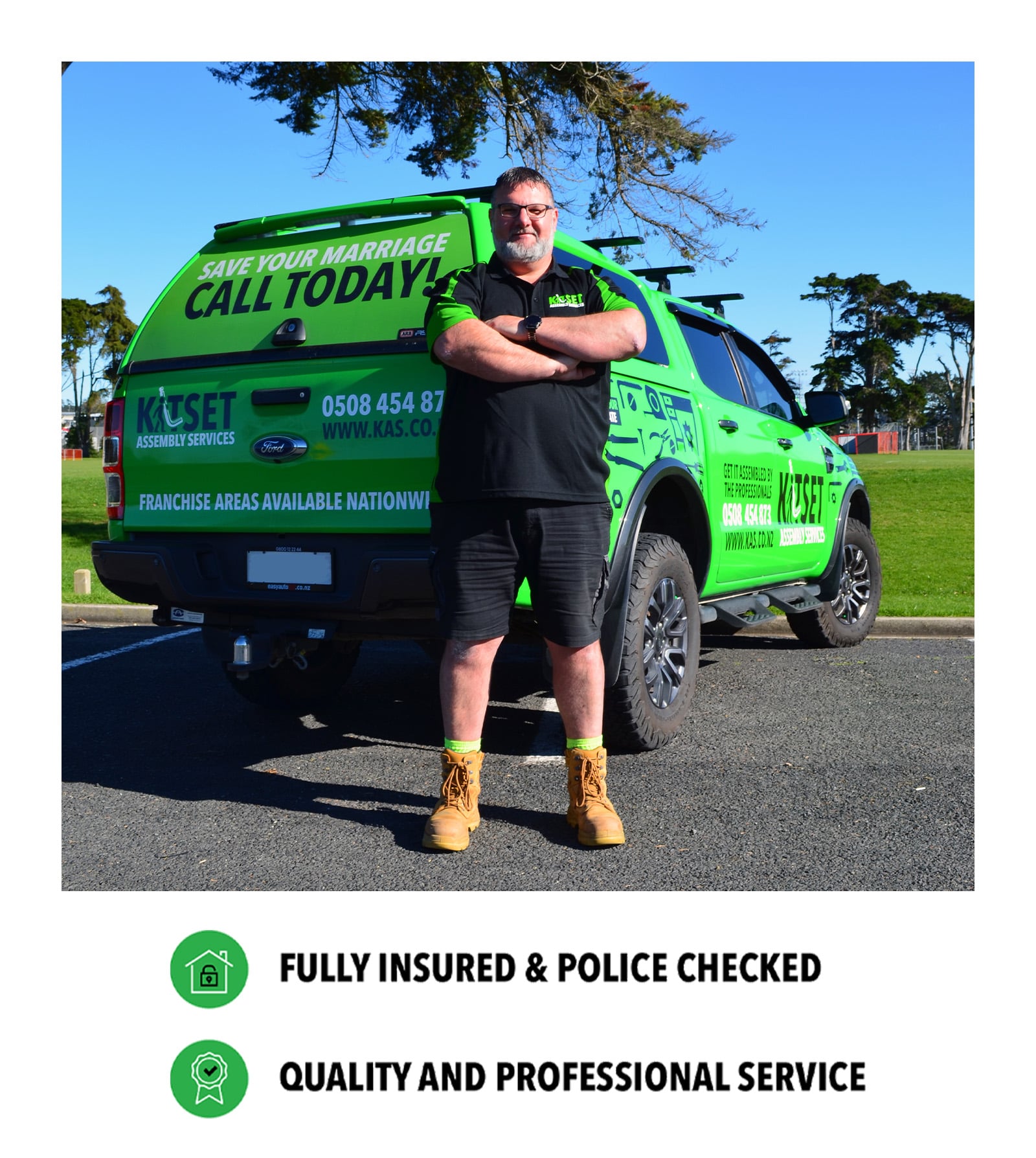 NZ_MKT_FZE_IvanWebsiteProfileImage2_20260724_v01 Ivan standing against a green truck on a sunny day with a tree and a field in the backdrop