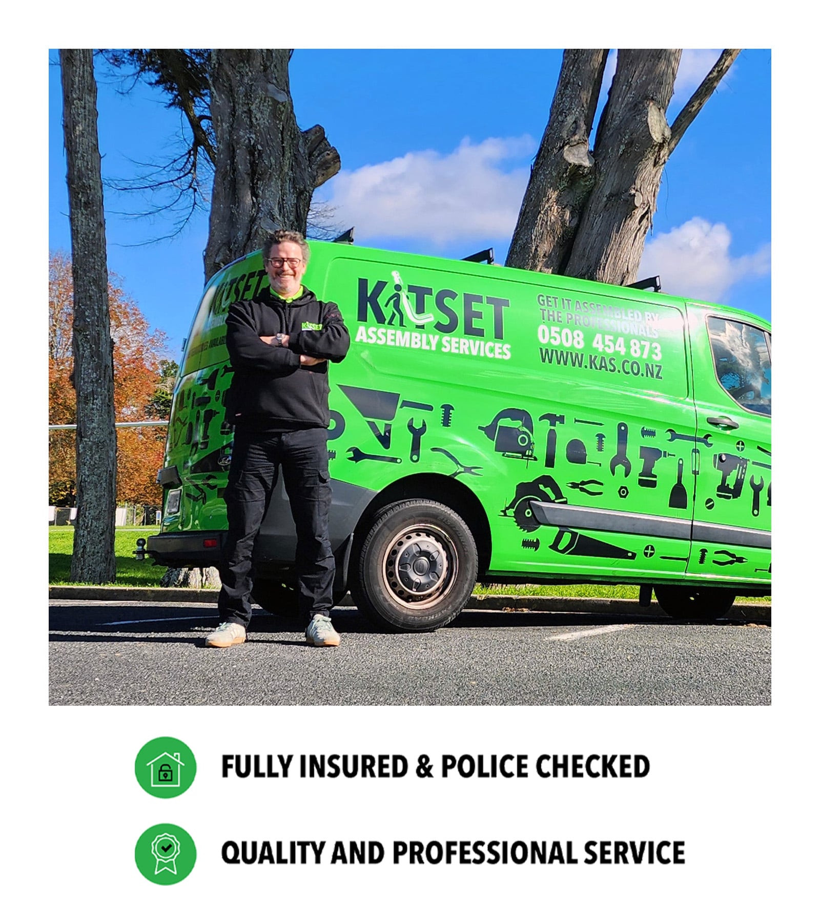 NZ_MKT_FZE_JamesWebsiteProfileImage2_20260724_v01 James standing infront of a green van in a parking lot