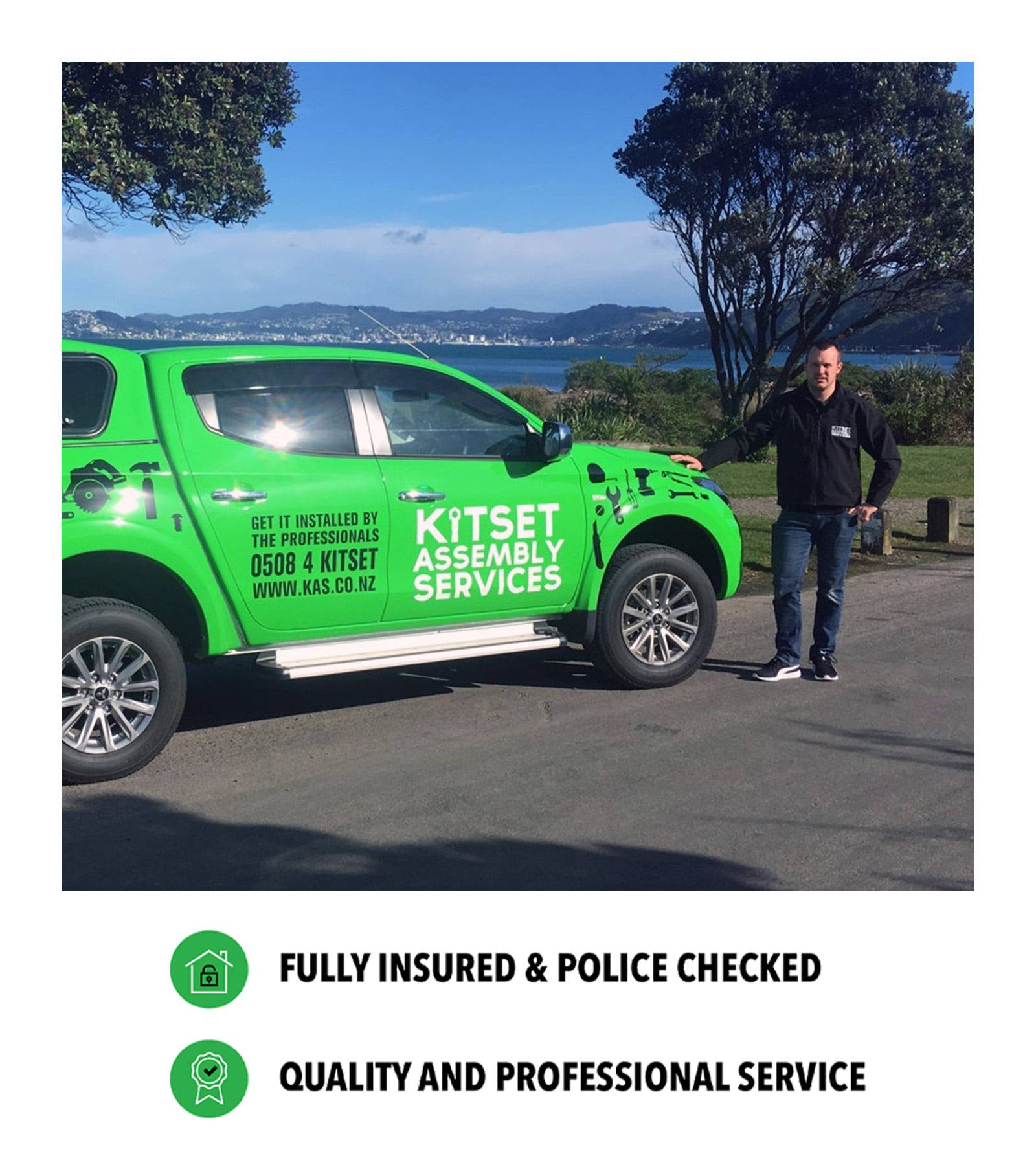 NZ_MKT_FZE_JonnyWebsiteProfileImage2_20260724_v01 Jonny standing infront of a green truck with a blue ocean in the background.