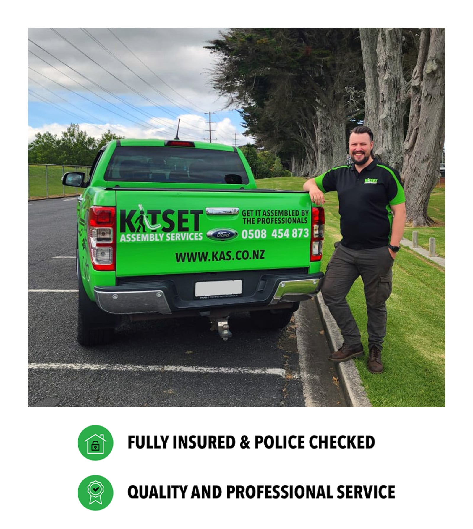 NZ_MKT_FZE_LourensWebsiteProfileImage2_20260724_v01 Lourens standing on a green field infront of a green truck in a parking lot