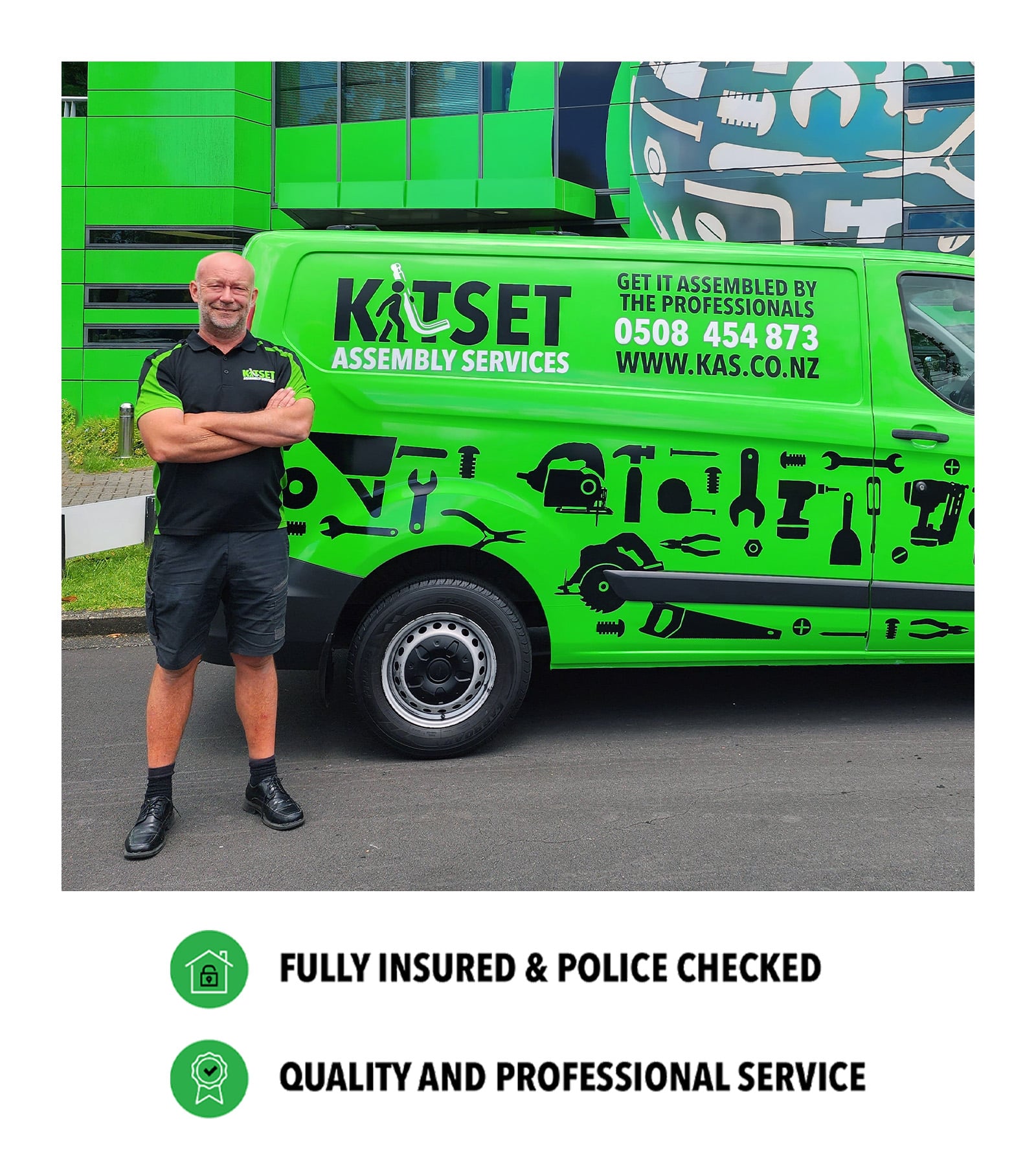 NZ_MKT_FZE_PhilWebsiteProfileImage2_20260724_v01 Phil with a green van infront of a green wall.