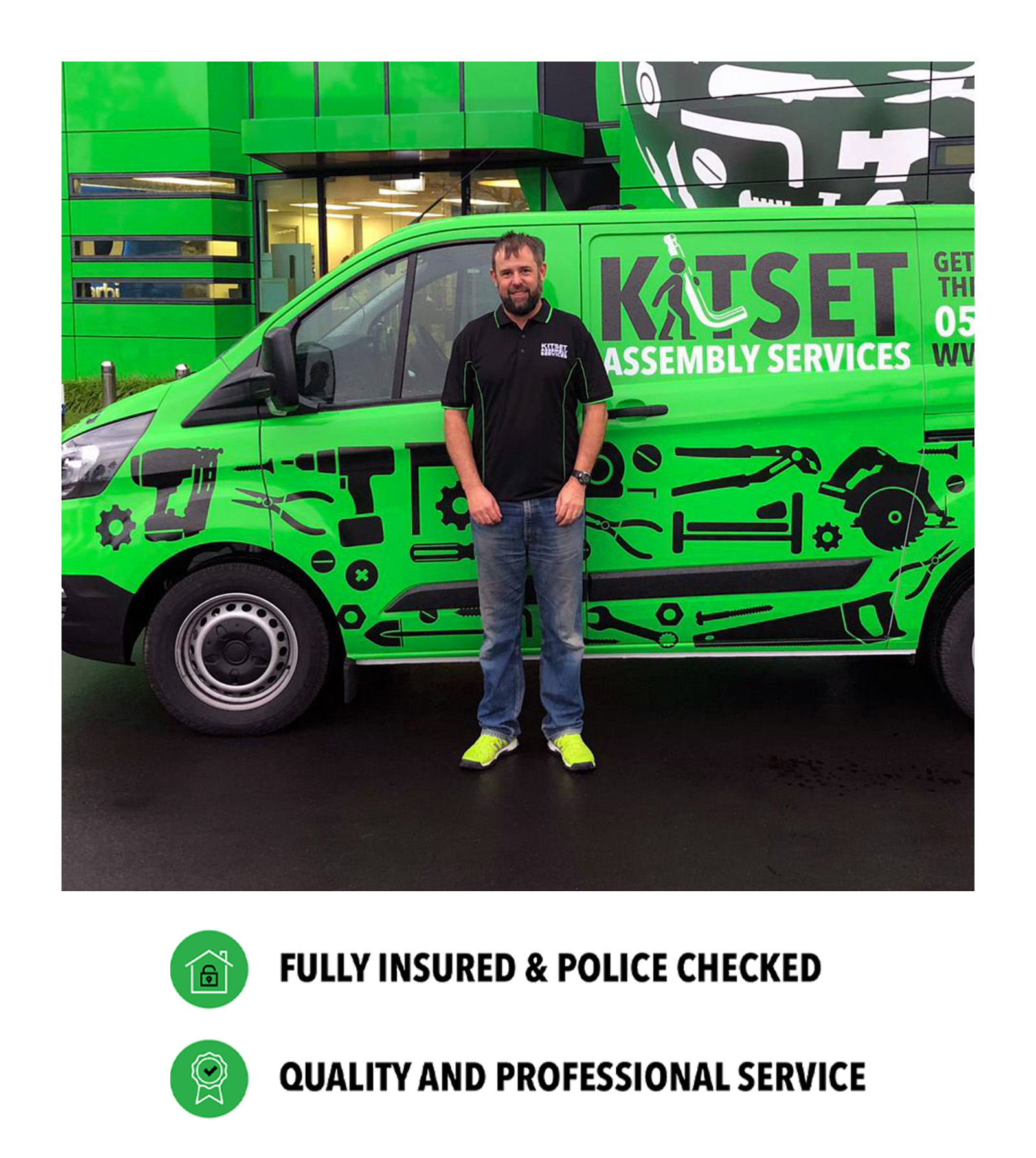 NZ_MKT_FZE_SteveTWebsiteProfileImage2_20260724_v01 Steve stands outside a green building with a tool covered globe, and a green van