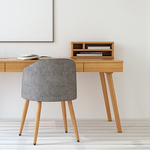 Wooden desk and grey chair Wooden desk and grey chair